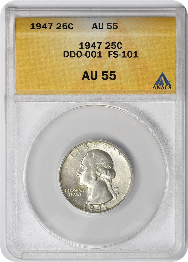 1947 Washington Quarter DDO FS-101 AU55 Certified by ANACS: 1947 Washington Quarter DDO FS-101 AU55 Certified by ANACS This 1947 Washington Quarter showcases the exceptional craftsmanship of designer John Flanagan. Certified by ANACS and graded AU55, this coin