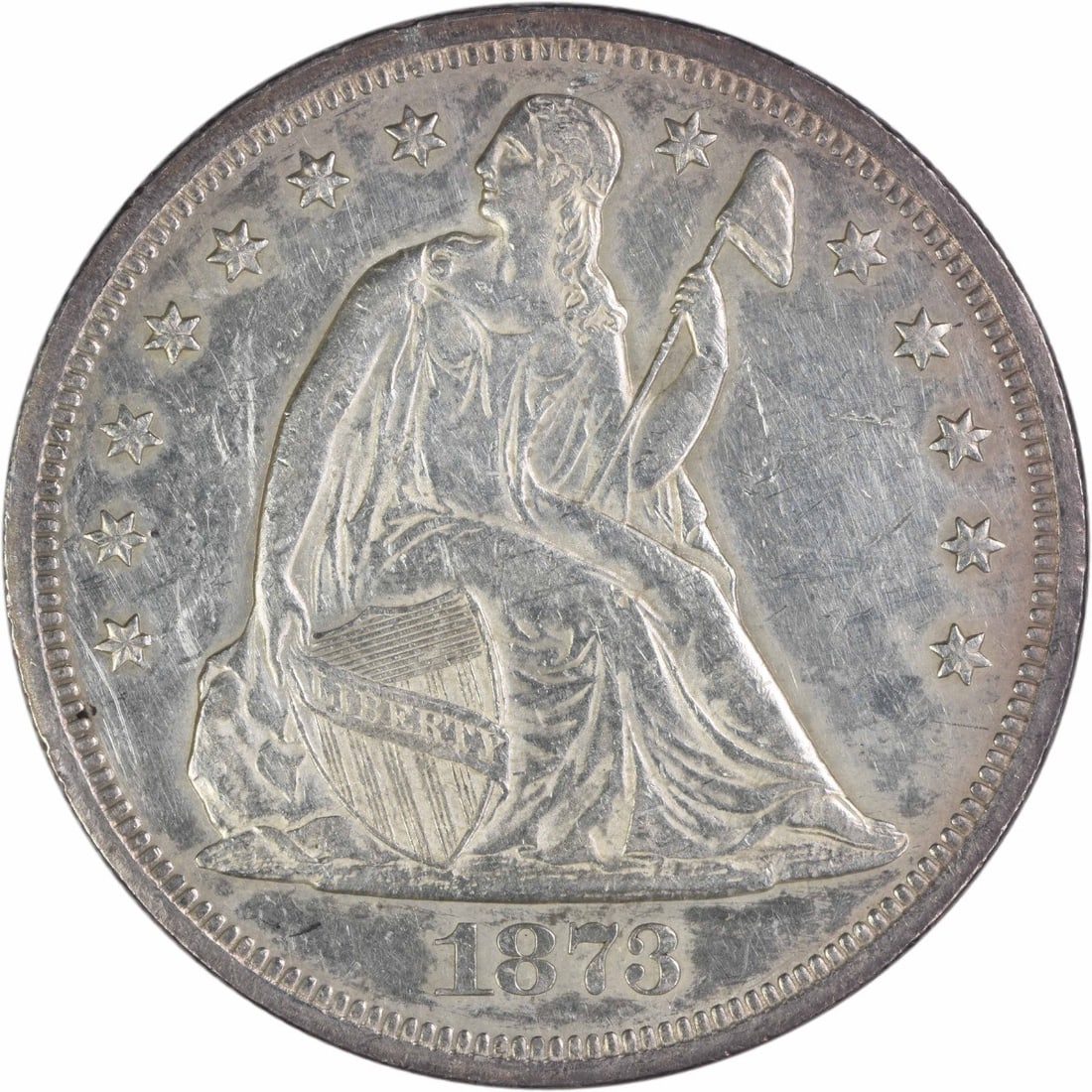 AU 1873 Philadelphia Seated Liberty Dollar Uncertified 90 Percent Silver Coin (1 of 2)