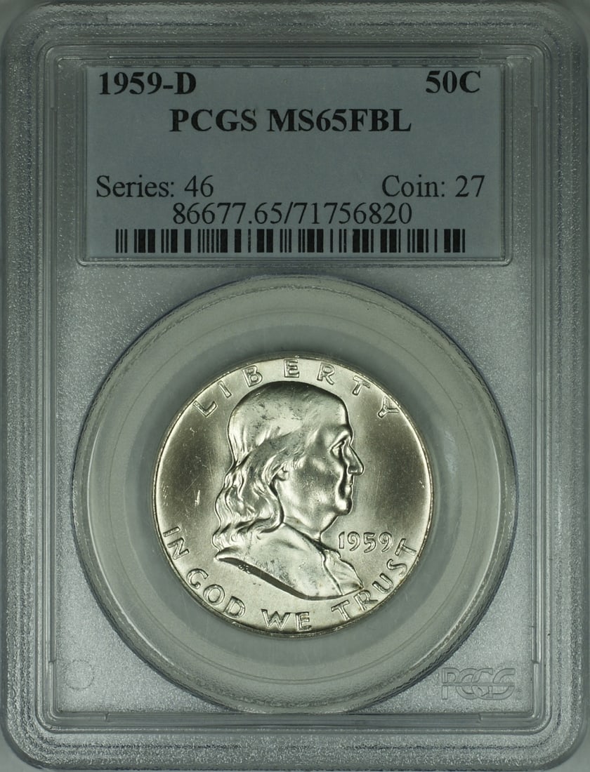 PCGS MS-65 Franklin Half Dollar 1959-D Silver Coin Full Bell Lines: PCGS MS-65 Franklin Half Dollar 1959-D Silver Coin Full Bell Lines This 1959-D Franklin Silver Half Dollar is a 50 cent coin from the United States, minted in Denver. Graded MS 65 by PCGS, it features