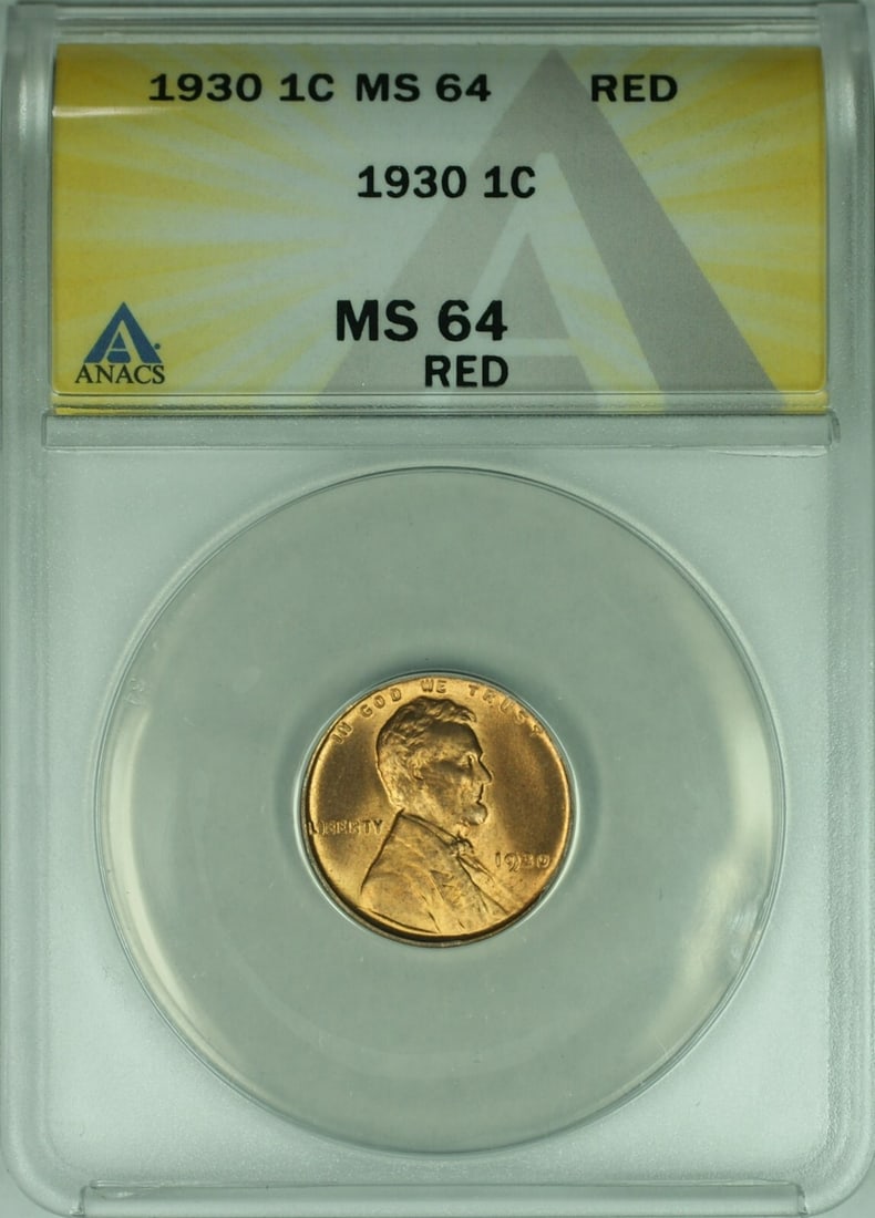 1930 Philadelphia Lincoln Wheat Cent ANACS MS-64 Red Copper Coin: 1930 Philadelphia Lincoln Wheat Cent ANACS MS-64 Red Copper Coin This 1930 Lincoln Wheat Cent is an uncirculated small cent, certified by ANACS with a grade of MS-64 Red. Minted in Philadelphia, this