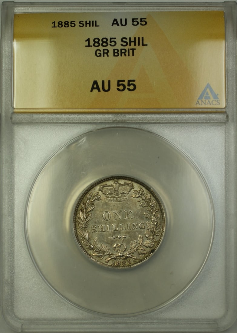 United Kingdom 1885 Silver Shilling ANACS AU-55 Certified Coin: United Kingdom 1885 Silver Shilling ANACS AU-55 Certified Coin This 1885 Great Britain shilling coin is composed of silver and has been certified by ANACS with a grade of AU-55. The coin originates fr