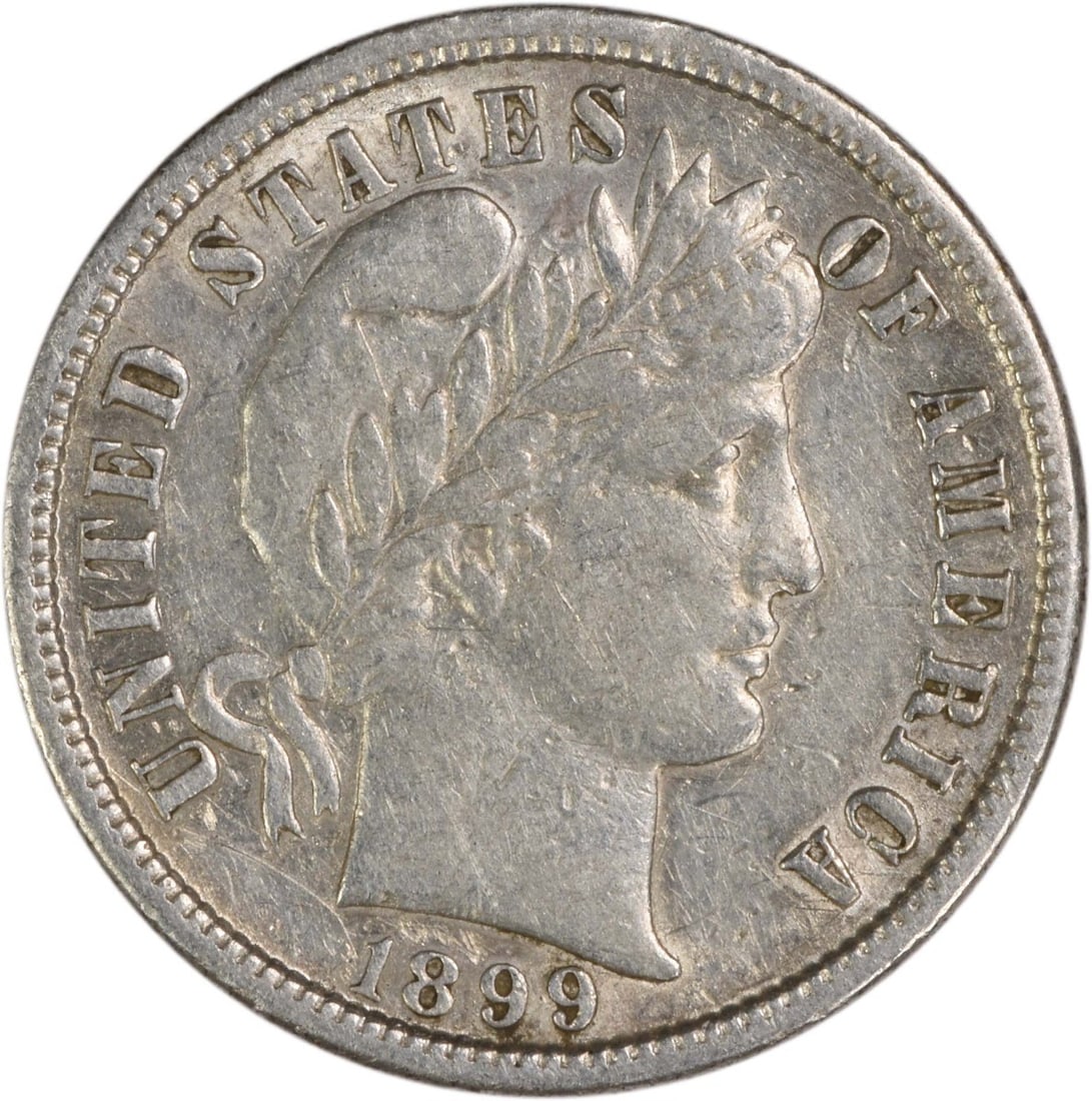 1899 San Francisco Barber Dime 90 Percent Silver Extra Fine Uncertified: 1899 San Francisco Barber Dime 90 Percent Silver Extra Fine Uncertified This 1899-S Barber Silver Dime is a circulated coin from the San Francisco Mint, designed by Charles E. Barber. Graded as Extrem