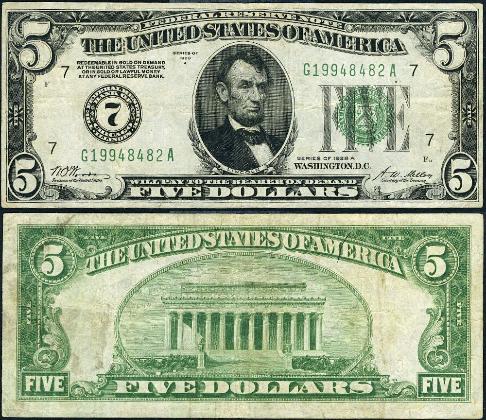 1928-A $5 Chicago G-A Block Federal Reserve Note Very Fine Plus (1 of 3)