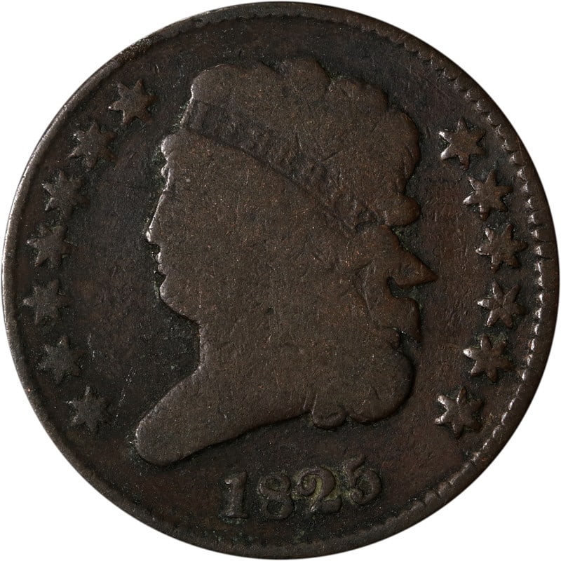 United States 1825 Copper Half Cent Coin Circulated Example: United States 1825 Copper Half Cent Coin Circulated Example This is an 1825 Half Cent coin from the United States. The coin is composed of copper and is classified as circulated. It is offered in pre-
