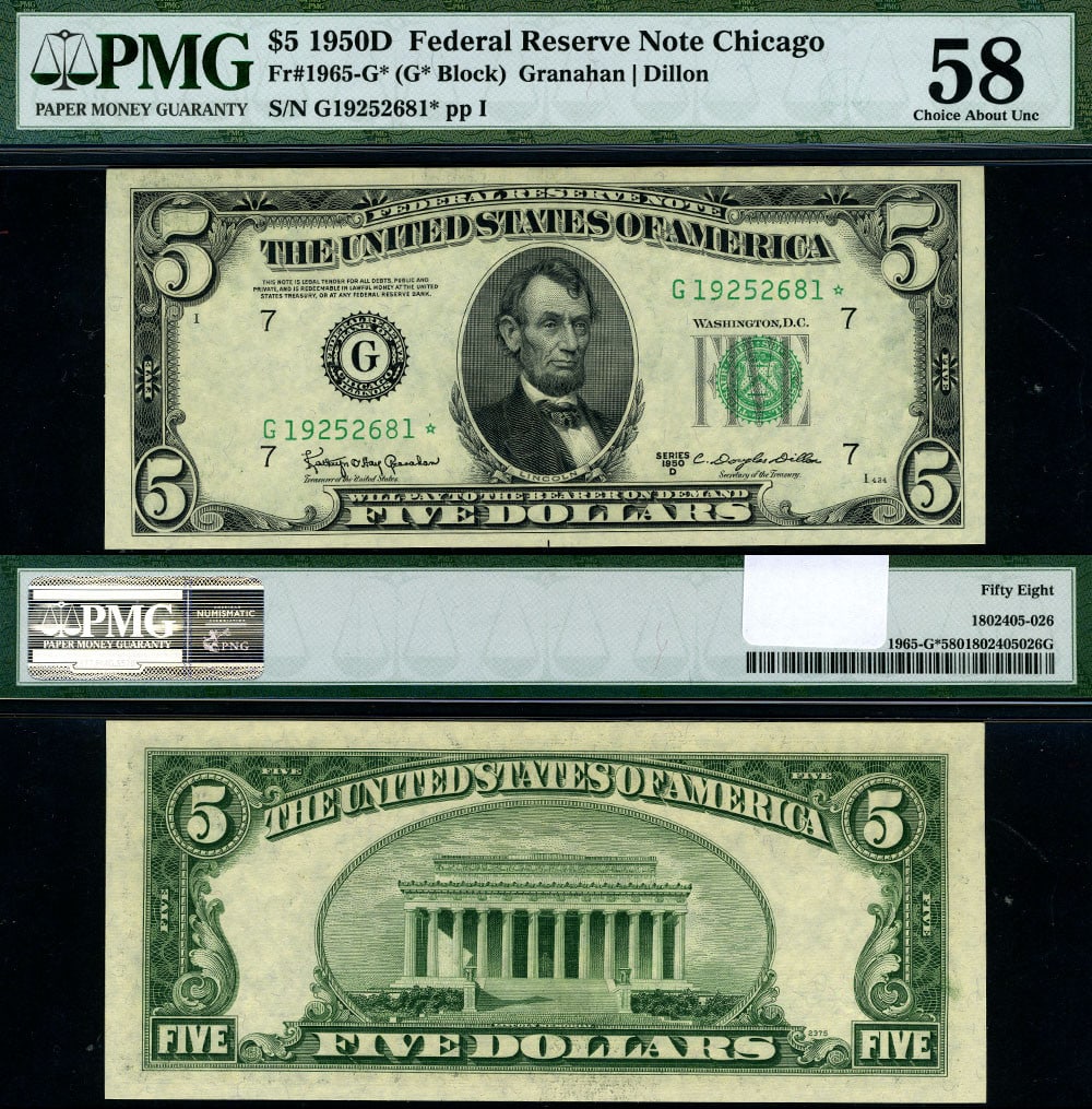 1950-D $5 Federal Reserve Note Chicago G* PMG AU58 Choice (1 of 3)