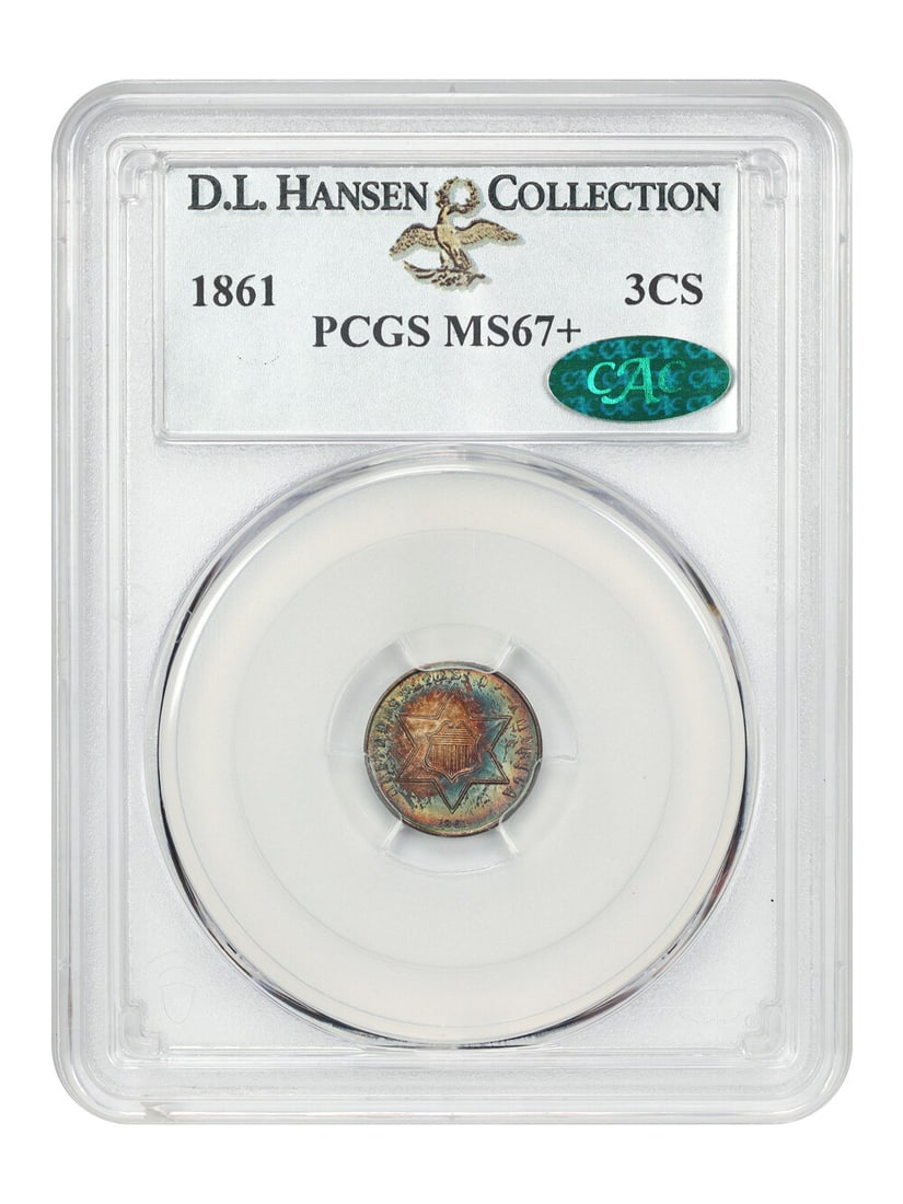 1861 Three Cent Silver PCGS MS67+ CAC Rainbow Toning: 1861 Three Cent Silver PCGS MS67+ CAC Rainbow Toning This 1861 Three Cent Silver coin is graded MS67+ by PCGS and features the coveted CAC sticker, indicating its exceptional quality. Despite the high