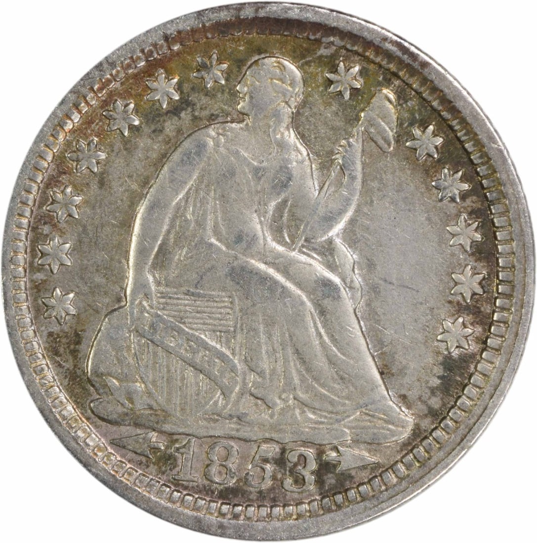 1853 Liberty Seated Half Dime Silver Uncertified EF: 1853 Liberty Seated Half Dime Silver Uncertified EF This 1853 Liberty Seated Silver Half Dime is a captivating piece of American numismatic history. Struck in Philadelphia, this coin features a beauti