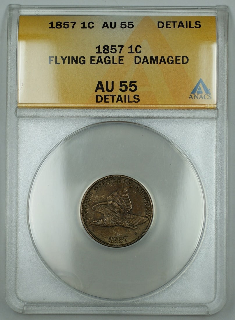 Flying Eagle Small Cent 1857 Copper-Nickel ANACS AU-55 Details Damaged: Flying Eagle Small Cent 1857 Copper-Nickel ANACS AU-55 Details Damaged This is an 1857 Flying Eagle Cent graded AU-55 Details by ANACS, noted as damaged. The coin was minted in Philadelphia and is com