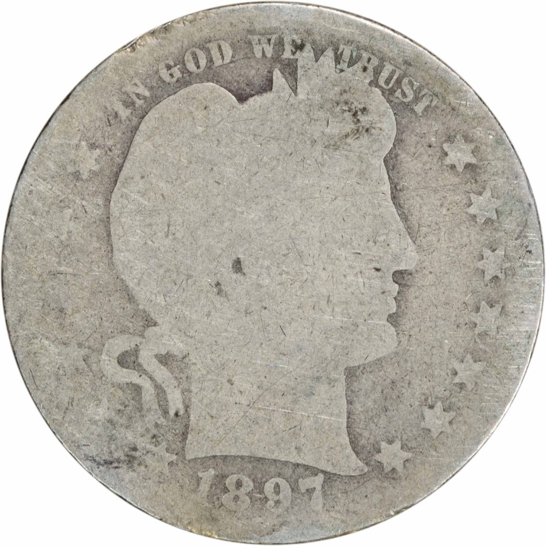 1897-S Barber Quarter 25C Silver Uncertified Circulated Coin: 1897-S Barber Quarter 25C Silver Uncertified Circulated Coin This 1897-S Barber Silver Quarter is a remarkable piece of American numismatic history, featuring a design by Charles E. Barber. This coin