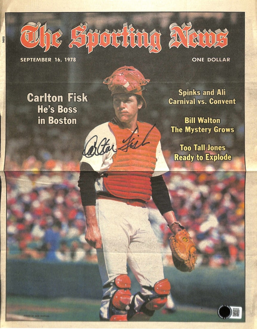 Carlton Fisk Signed 1978 Sporting News Magazine Cover Beckett Certified: Carlton Fisk Signed 1978 Sporting News Magazine Cover Beckett Certified This is an original signed cover of The Sporting News magazine featuring Carlton Fisk, dated September 16, 1978. The cover is au