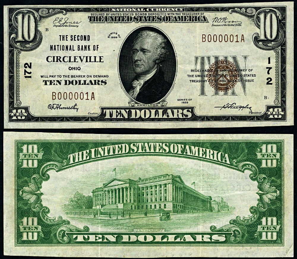 $10 1929 National Bank Note Circleville Ohio Second National Bank XF (1 of 3)