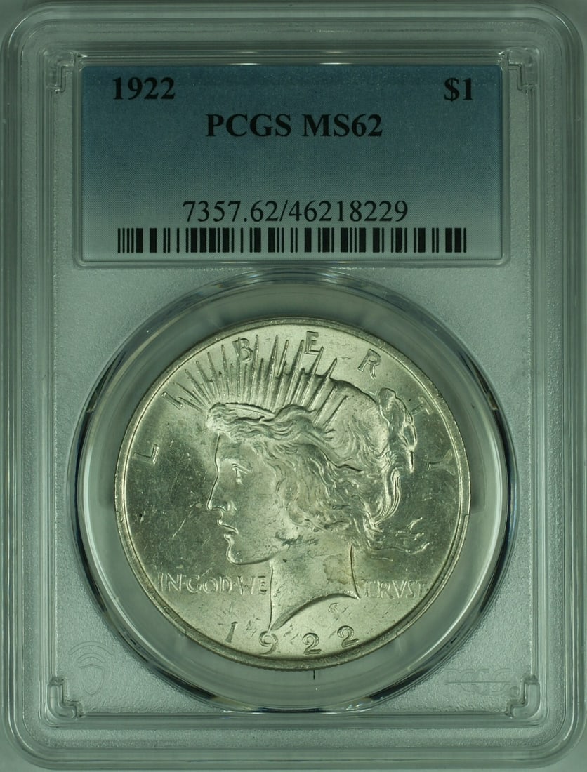 PCGS MS-62 1922 Peace Dollar Silver Coin United States Uncirculated: PCGS MS-62 1922 Peace Dollar Silver Coin United States Uncirculated This 1922 Peace Silver Dollar is graded MS-62 by PCGS. Struck at the Philadelphia Mint, this uncirculated coin features a silver com