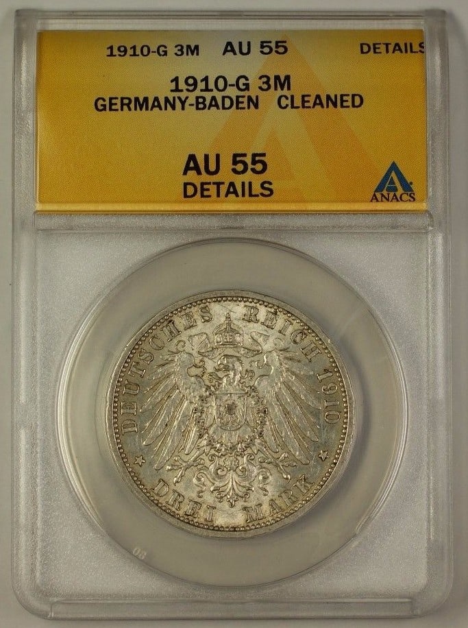 1910-G Three Mark Silver Coin from Germany Baden ANACS AU 55 Details: 1910-G Three Mark Silver Coin from Germany Baden ANACS AU 55 Details This 1910-G Germany-Baden three mark coin is from the German Empire period (1871-1918). Certified by ANACS with a grade of AU-55 De