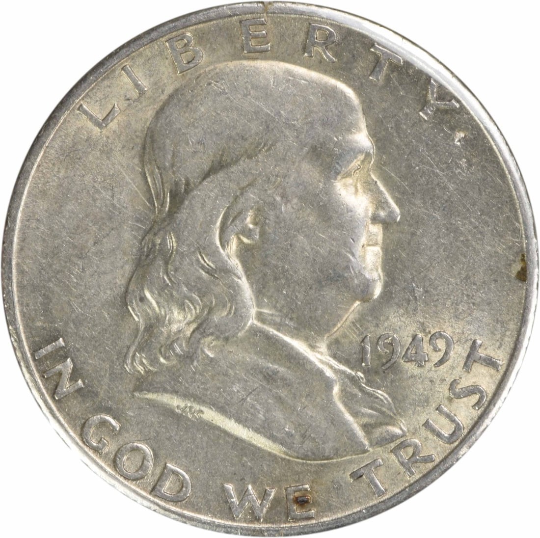 1949-S Franklin Silver Half Dollar RPM1 50C AU Uncertified: 1949-S Franklin Silver Half Dollar RPM1 50C AU Uncertified This 1949-S/S Franklin Silver Half Dollar showcases the exceptional craftsmanship of its time, featuring a striking design by John R. Sinnock