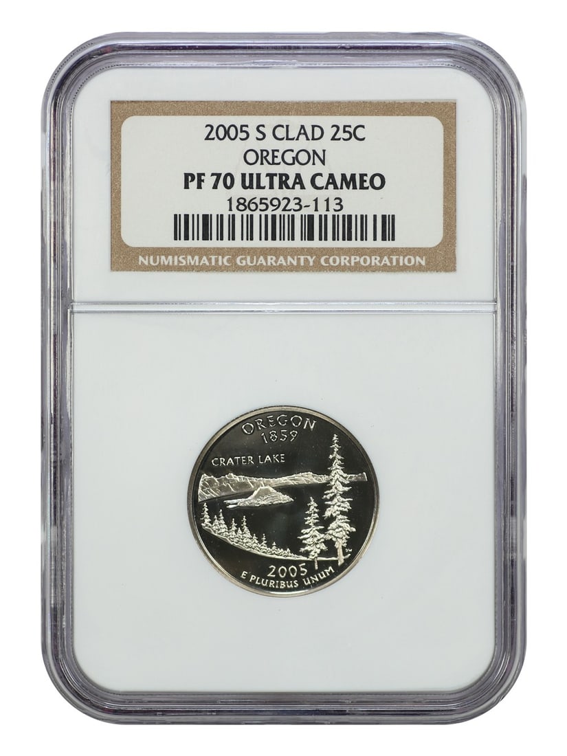 2005-S Oregon 25C NGC PR70DCAM Washington State Quarter: 2005-S Oregon 25C NGC PR70DCAM Washington State Quarter This exquisite 2005-S 25C Oregon quarter is certified by NGC with a perfect grade of PR70DCAM, indicating its pristine condition and deep cameo