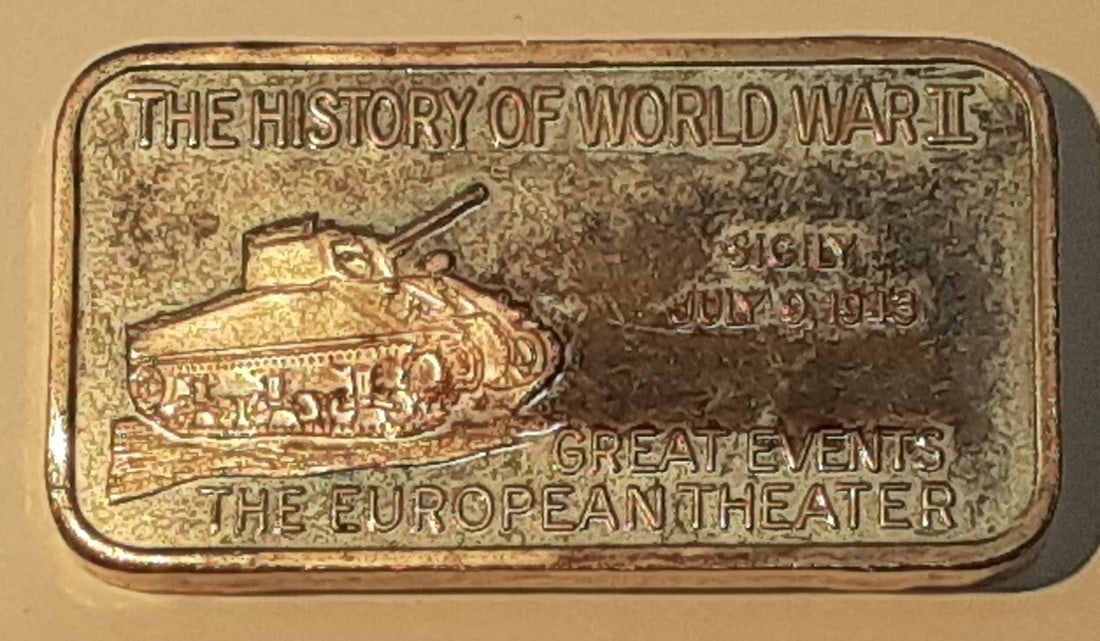 Invasion of Sicily 1943 .925 Silver Bar 45.7g History of WWII Series: Invasion of Sicily 1943 .925 Silver Bar 45.7g History of WWII Series This is a 1974-78 Lincoln Mint .925 silver bar weighing 45.7 grams, commemorating the Invasion of Sicily in 1943 as part of the His