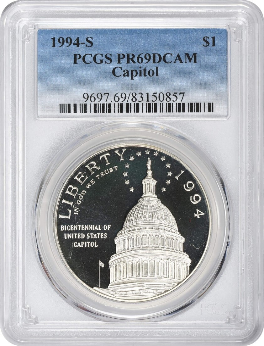 1994-S Silver Proof Dollar PCGS PR69DCAM Capitol Commemorative Coin: 1994-S Silver Proof Dollar PCGS PR69DCAM Capitol Commemorative Coin This 1994-S Capitol Silver Commemorative Dollar is a proof coin graded PR69 Deep Cameo by PCGS. It is composed of silver and was min