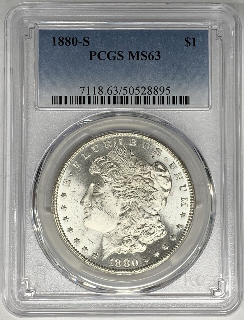 PCGS MS 63 1880-S Morgan Silver Dollar Certified Uncirculated: PCGS MS 63 1880-S Morgan Silver Dollar Certified Uncirculated This is an 1880-S Morgan Silver Dollar, certified by PCGS with a grade of MS 63. The coin is uncirculated and composed of silver, represen