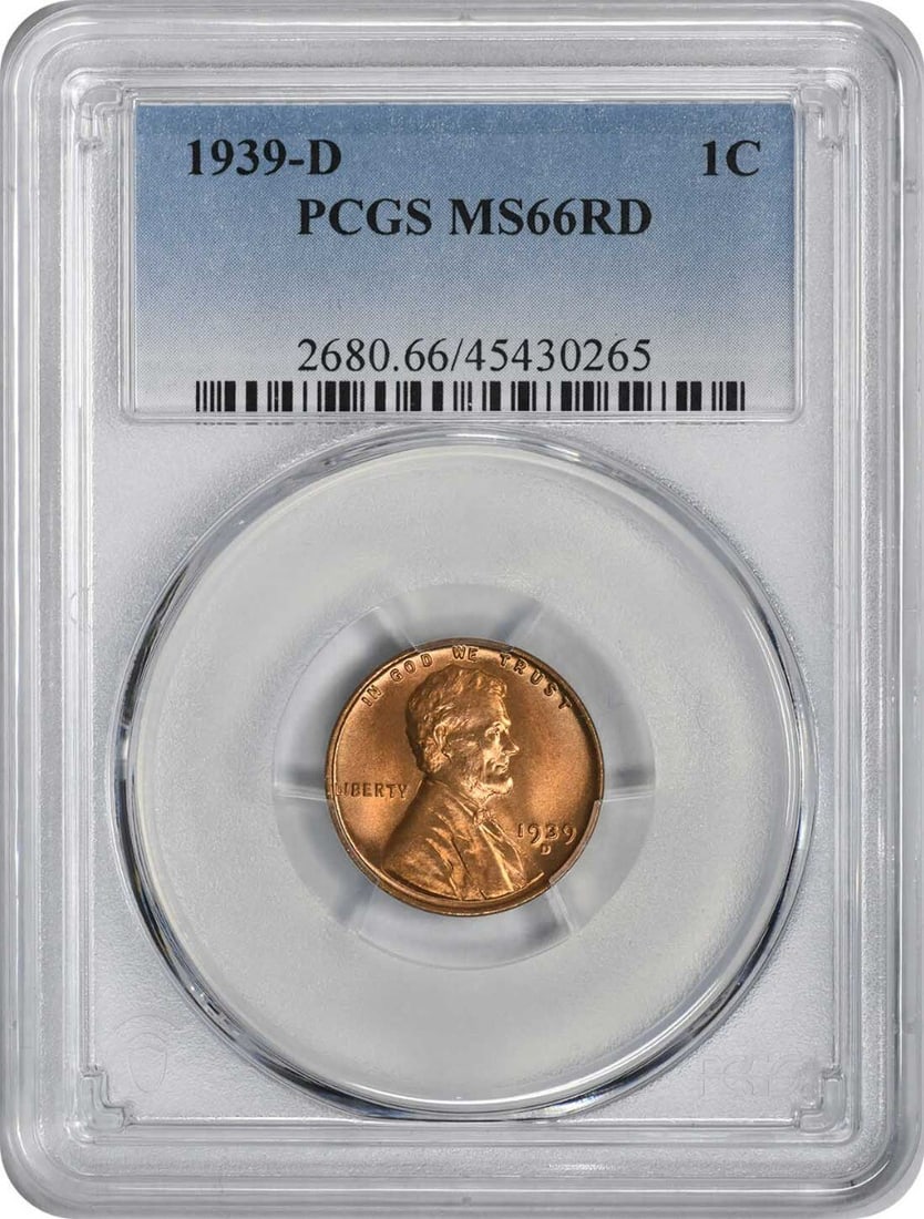 1939-D Lincoln Cent MS66RD PCGS Uncirculated Denver Mint: 1939-D Lincoln Cent MS66RD PCGS Uncirculated Denver Mint This 1939-D Lincoln Cent is a remarkable uncirculated coin, certified by PCGS with a grade of MS66RD. Minted in Denver, it features the iconic