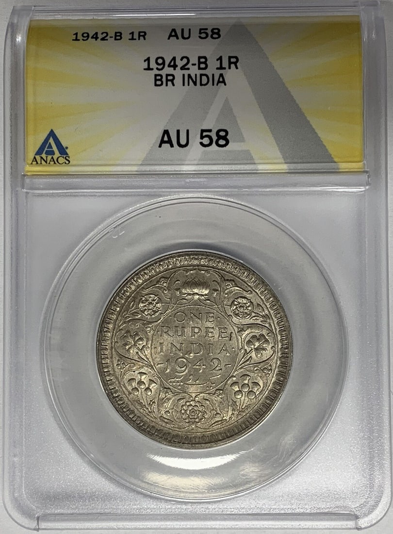 India 1942-B Silver 1 Rupee AU 58 ANACS Certified British Era Coin: India 1942-B Silver 1 Rupee AU 58 ANACS Certified British Era Coin This 1942-B India 1 Rupee coin originates from the British period and is composed of silver. Certified by ANACS with a grade of AU 58