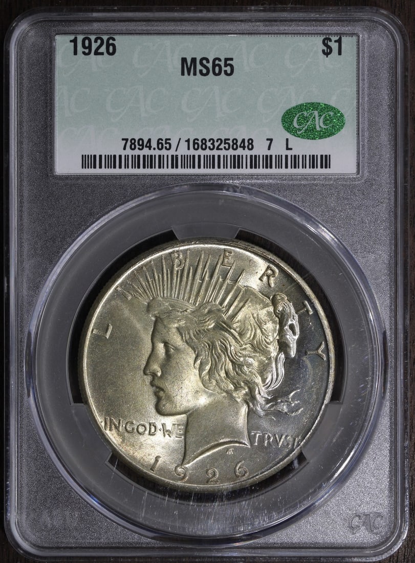 1926 Peace Dollar MS65 CACG Certified Silver Coin: 1926 Peace Dollar MS65 CACG Certified Silver Coin This is a 1926 Peace Silver Dollar graded MS65 by CACG, featuring a CAC certification for added assurance of quality. The coin is uncirculated and exh