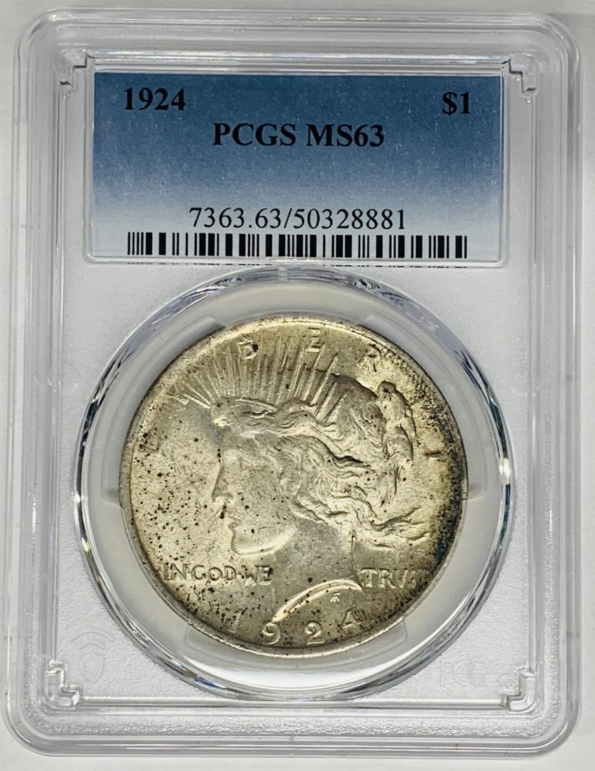 PCGS MS 63 Peace Dollar Silver Coin 1924 Certified Uncirculated $1: PCGS MS 63 Peace Dollar Silver Coin 1924 Certified Uncirculated $1 This is a 1924 Peace Silver Dollar coin from the United States, certified by PCGS with a grade of MS 63. It is an uncirculated coin c