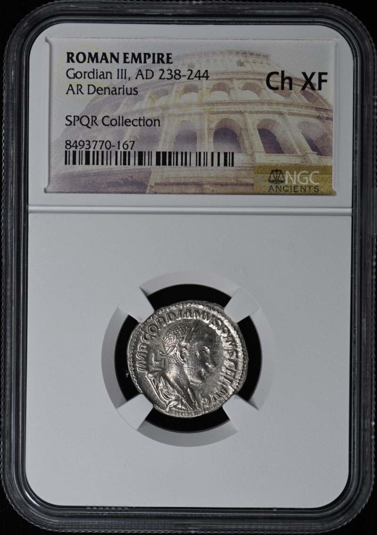 Roman Empire Denarius Silver Coin NGC Certified Gordian III: Roman Empire Denarius Silver Coin NGC Certified Gordian III This Roman Empire AR Denarius dates from the reign of Gordian III, AD 238-244. Certified by NGC and graded XF45, this silver coin originates
