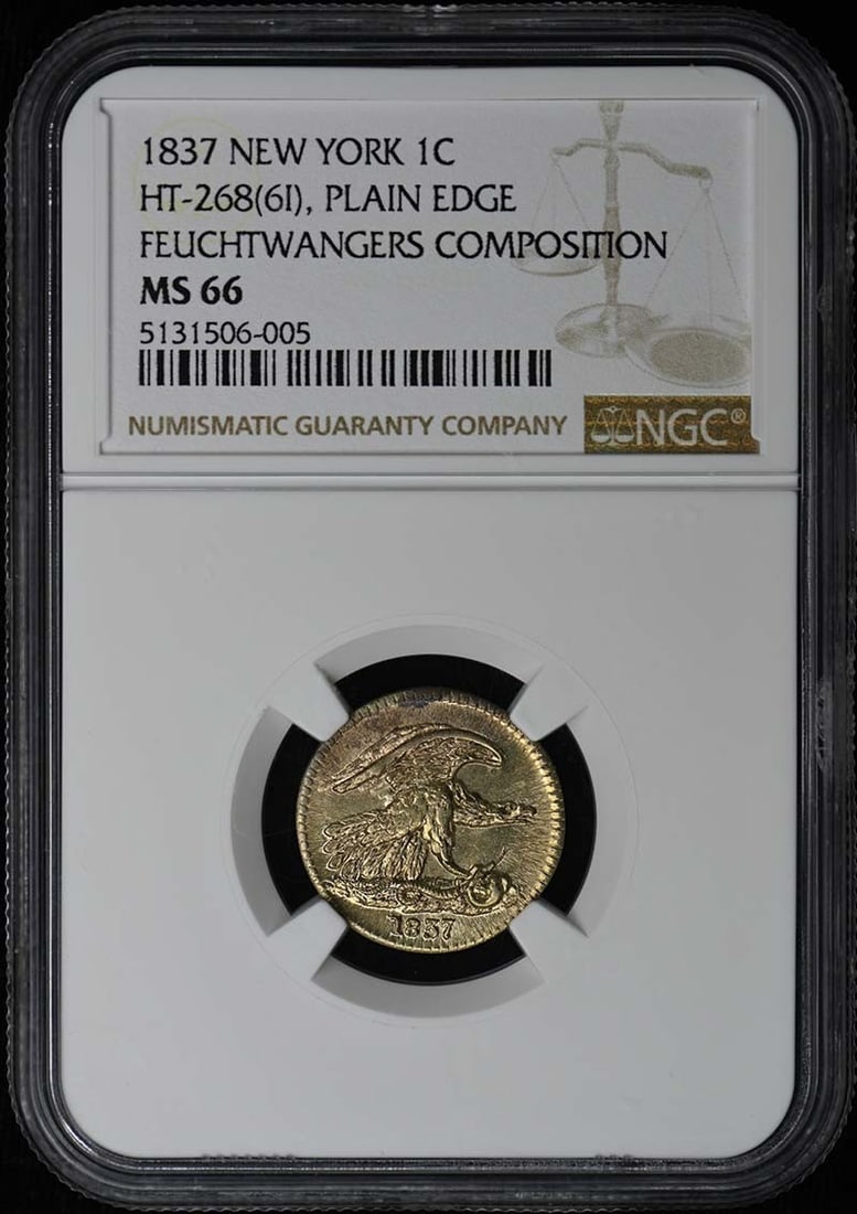 Feuchtwanger 1837 HT-268 Hard Times Token NGC MS66 Plain Edge: Feuchtwanger 1837 HT-268 Hard Times Token NGC MS66 Plain Edge This 1837 Hard Times Token, HT-268 6I Feuchtwangers, is an un-used coin graded MS66 by NGC. Issued in the United States, it features a pla
