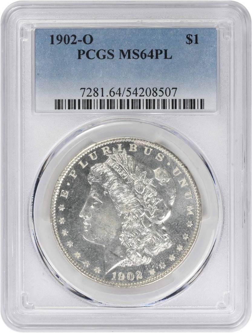 1902 New Orleans Morgan Dollar PCGS MS64PL 90 Percent Silver: 1902 New Orleans Morgan Dollar PCGS MS64PL 90 Percent Silver This is a 1902-O Morgan Silver Dollar graded MS64PL by PCGS. Struck at the New Orleans Mint, this uncirculated coin features a composition