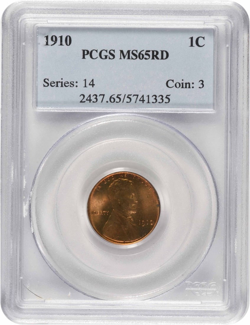 PCGS MS65RD 1910 Lincoln Wheat Cent Philadelphia Mint: PCGS MS65RD 1910 Lincoln Wheat Cent Philadelphia Mint This 1910 Lincoln Wheat Cent is an uncirculated coin graded MS65RD by PCGS. Struck in Philadelphia, it is composed of 95% copper and 5% tin and zi