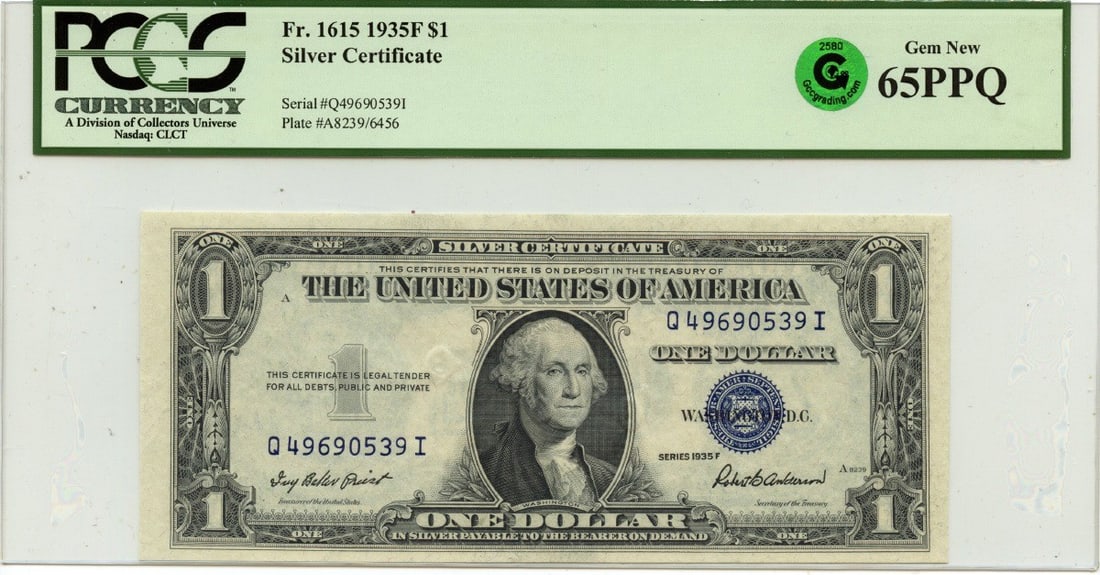 1935F $1 Silver Certificate FR#1615 PCGS 65 Gem Uncirculated: 1935F $1 Silver Certificate FR#1615 PCGS 65 Gem Uncirculated This 1935F $1 Silver Certificate (FR#1615) is a remarkable piece of currency history, graded MS65 by PCGS Currency, indicating its gem unci