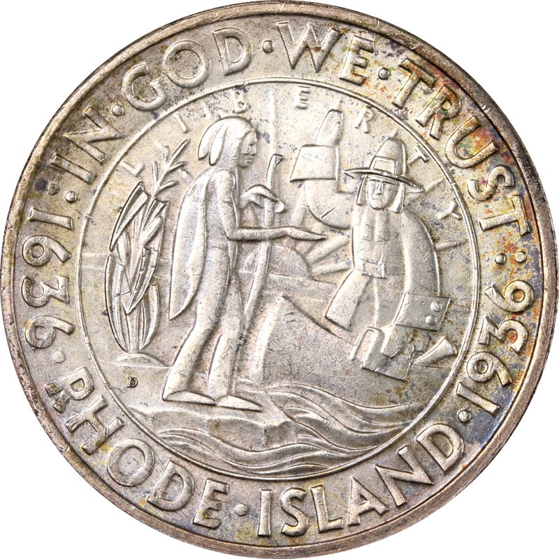 1936-D Silver Half Dollar Rhode Island Commemorative Coin: 1936-D Silver Half Dollar Rhode Island Commemorative Coin This 1936-D Rhode Island Commemorative Half Dollar is a circulated coin composed of silver with a fineness of 0.9. Minted in Denver, United St