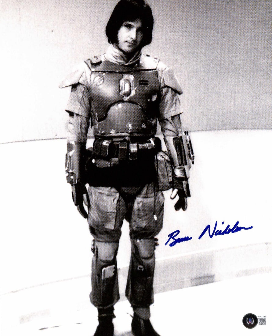 Signed 11x14 Boba Fett Photo Bruce Nicholson Star Wars Beckett Authenticated: Signed 11x14 Boba Fett Photo Bruce Nicholson Star Wars Beckett Authenticated This is an original 11x14 color photograph signed by Bruce Nicholson, the ILM optical photographer who modeled the Boba Fet