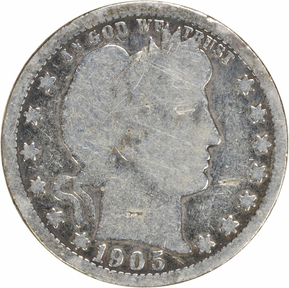 1905-O Barber Quarter 25C Silver Coin Uncertified G: 1905-O Barber Quarter 25C Silver Coin Uncertified G This 1905-O Barber Silver Quarter is an authentic piece of American numismatic history. Minted in New Orleans, this coin features the iconic Barber