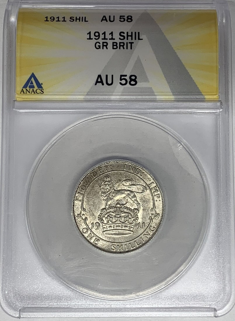 ANACS AU 58 Certified 1911 United Kingdom Shilling Coin: ANACS AU 58 Certified 1911 United Kingdom Shilling Coin This is a 1911 Great Britain Shilling graded AU 58 by ANACS. The coin originates from the United Kingdom and is a pre-owned collectible. Specifi