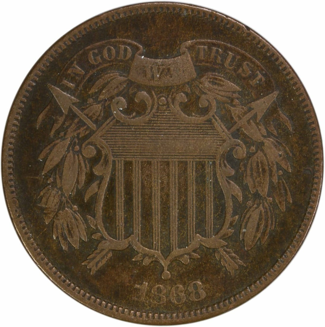 1868 Two Cent Piece Bronze VF Circulated Philadelphia Mint: 1868 Two Cent Piece Bronze VF Circulated Philadelphia Mint This 1868 Two Cent Piece is a remarkable collectible coin from the Philadelphia mint, featuring a design by renowned engraver James Barton Lo