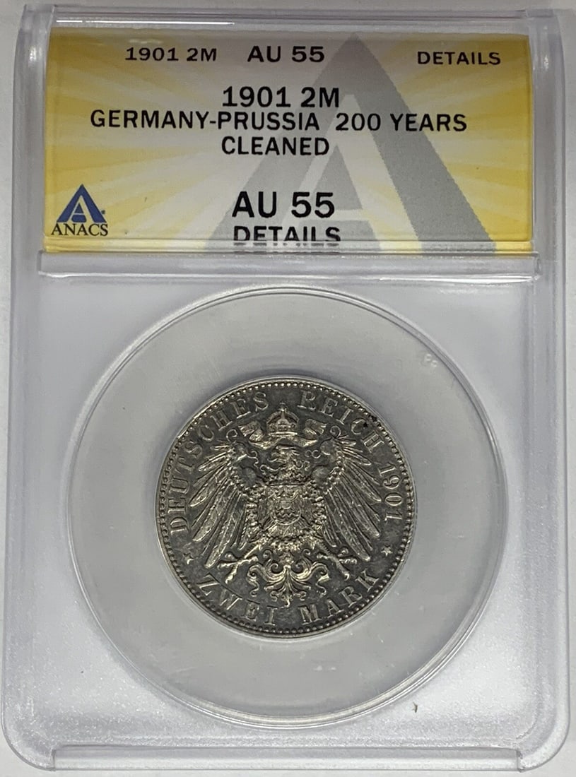 Silver 1901 2 Mark Germany-Prussia Coin ANACS AU 55 Details Cleaned: Silver 1901 2 Mark Germany-Prussia Coin ANACS AU 55 Details Cleaned This 1901 Germany-Prussia 2 Mark coin is composed of silver and originates from the German Empire period (1871-1918). It has been gr