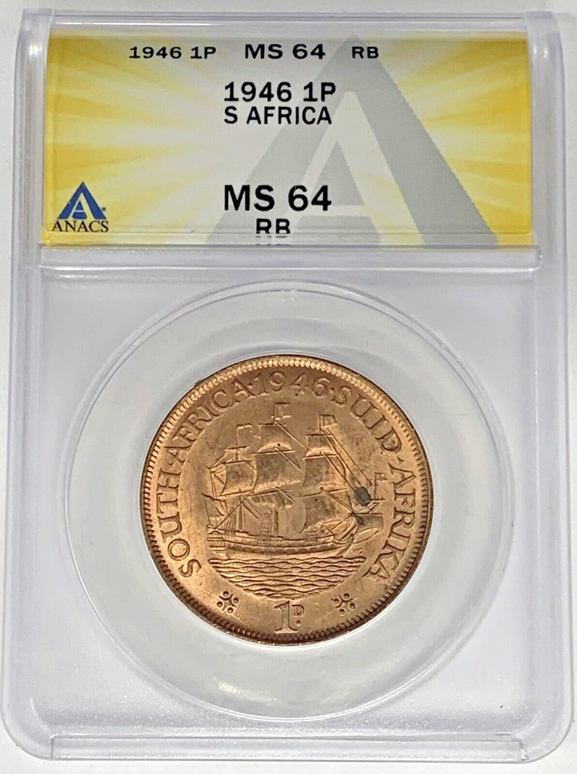 ANACS MS 64 RB South Africa 1946 1 Penny Copper Coin: ANACS MS 64 RB South Africa 1946 1 Penny Copper Coin This 1946 South Africa 1 Penny coin is composed of copper and has been graded MS 64 Red Brown (RB) by ANACS. It is a pre-owned collectible featurin