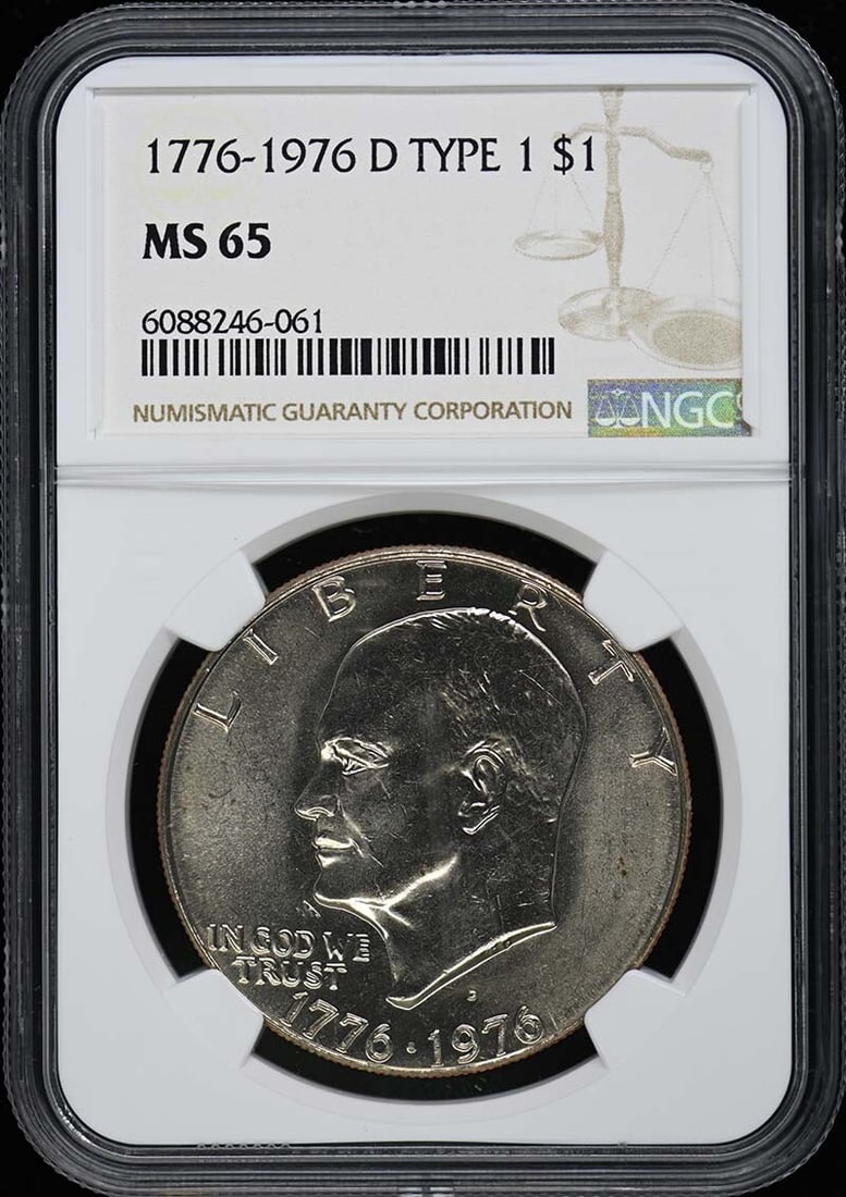 1976-D Type 1 Eisenhower Dollar NGC MS65 Uncirculated: 1976-D Type 1 Eisenhower Dollar NGC MS65 Uncirculated This 1976-D Type 1 Eisenhower Dollar is certified by NGC with a grade of MS65, indicating it is in uncirculated condition. Minted in Denver, this