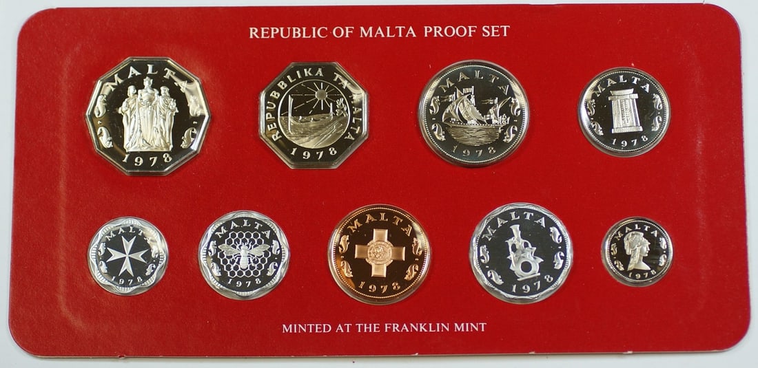 1978 Malta Nine Coin Proof Set by Franklin Mint with Certificate of Authenticity: 1978 Malta Nine Coin Proof Set by Franklin Mint with Certificate of Authenticity This 1978 Republic of Malta proof set includes nine gem coins produced by the Franklin Mint. The set comes with a certi