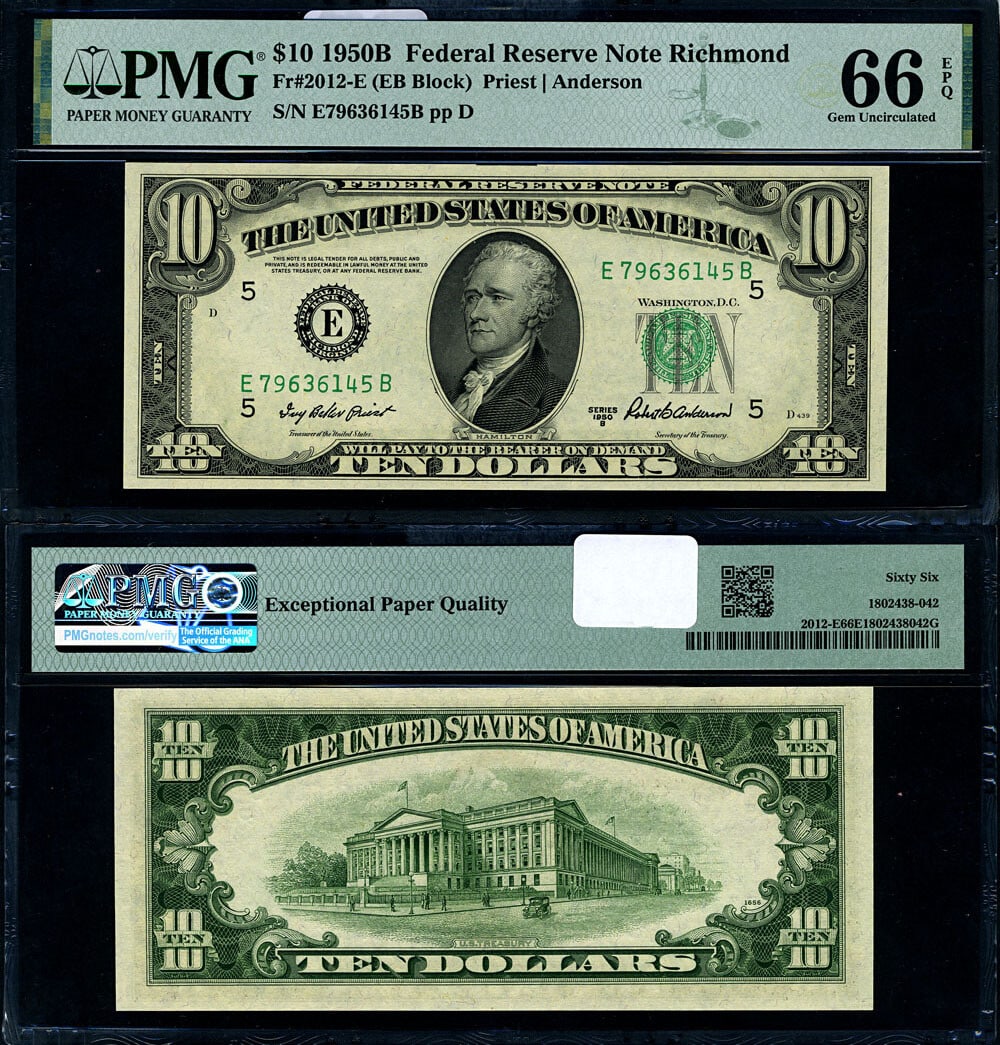 1950-B $10 Federal Reserve Note Richmond PMG Gem CU66 EPQ (1 of 3)