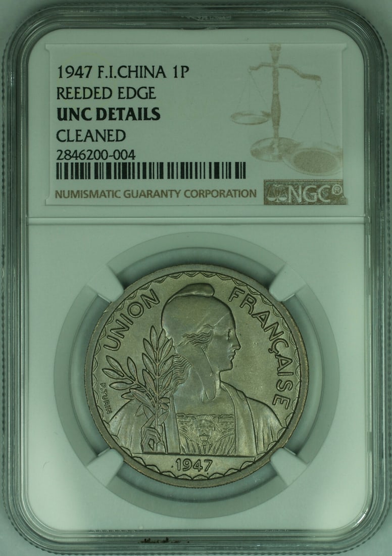 1947 1 Piastre Copper-Nickel Coin from French Indochina NGC UNC Details: 1947 1 Piastre Copper-Nickel Coin from French Indochina NGC UNC Details This 1947 French Indochina 1 Piastre coin features a reeded edge and is composed of copper-nickel. Certified by NGC with UNC Det