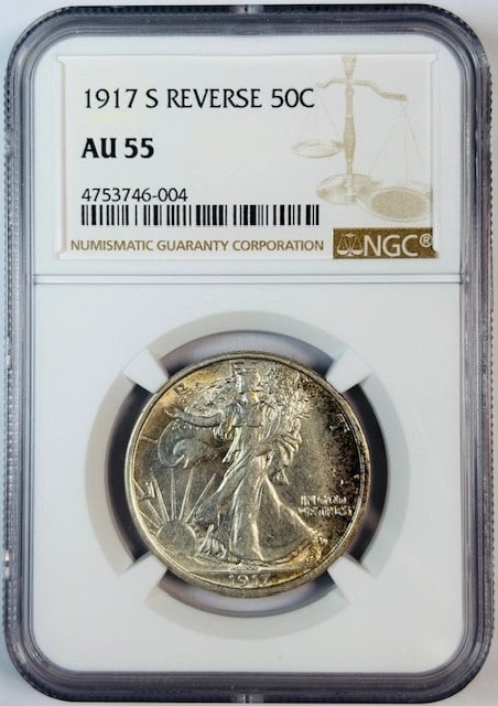 San Francisco Mint 1917 Silver Half Dollar NGC AU 55 Reverse: San Francisco Mint 1917 Silver Half Dollar NGC AU 55 Reverse This 1917 S Walking Liberty Half Dollar is certified by NGC with a grade of AU 55. Minted in San Francisco, it is composed of silver and is