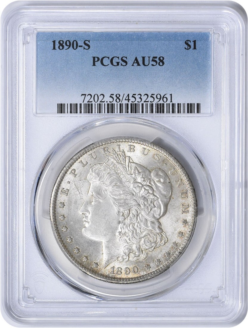 1890-S Morgan Silver Dollar AU58 PCGS Certified 90% Silver: 1890-S Morgan Silver Dollar AU58 PCGS Certified 90% Silver This 1890-S Morgan Silver Dollar is a remarkable example of American coinage, certified by PCGS with an AU58 grade. The coin features a stunn