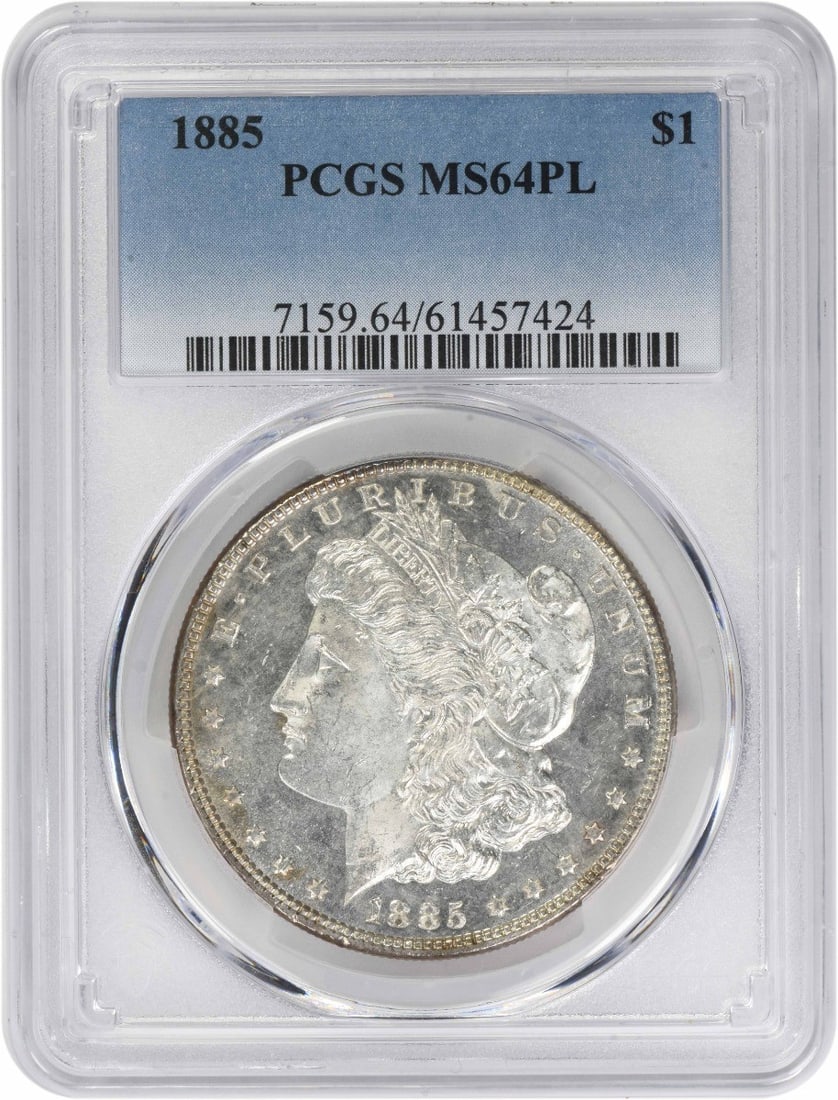 PCGS MS64PL 1885 Morgan Dollar Philadelphia 90 Percent Silver Uncirculated: PCGS MS64PL 1885 Morgan Dollar Philadelphia 90 Percent Silver Uncirculated This is an 1885 Morgan Silver Dollar graded MS64PL by PCGS. Struck at the Philadelphia Mint with no mint mark, this coin is c