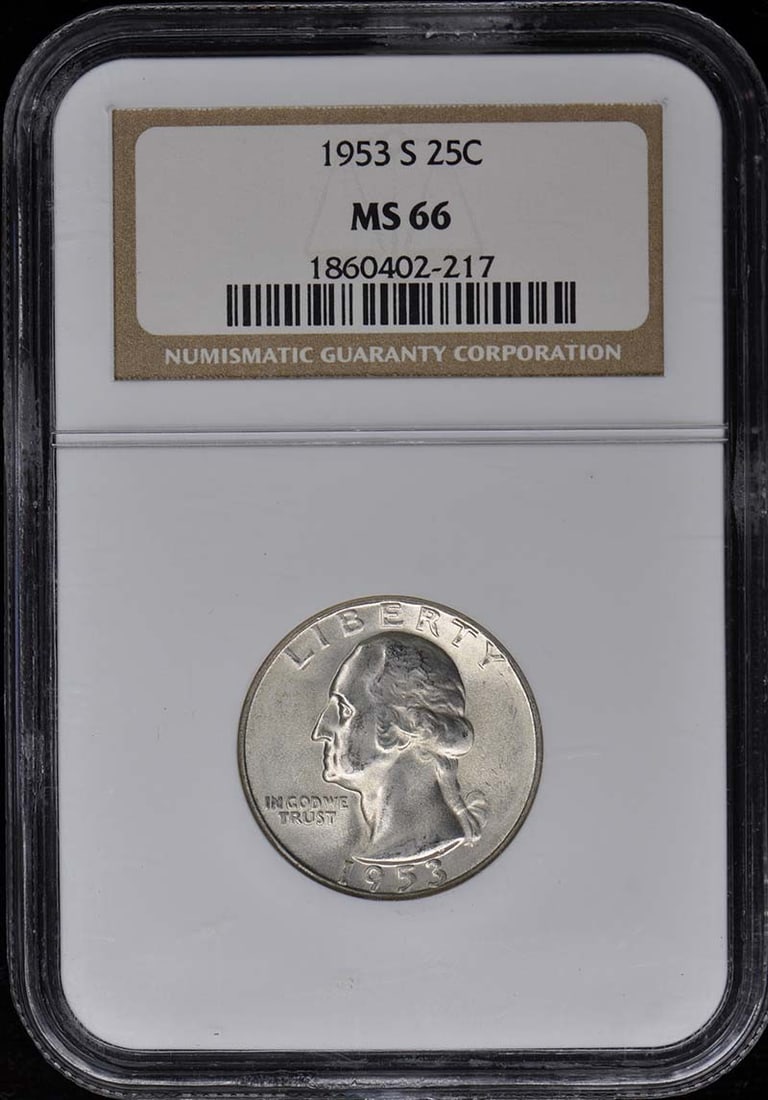 1953-S Washington Quarter NGC MS66 Uncirculated Coin: 1953-S Washington Quarter NGC MS66 Uncirculated Coin This 1953-S Washington Quarter is a stunning example of numismatic excellence, graded MS66 by NGC, ensuring its pristine quality. Minted in San Fra
