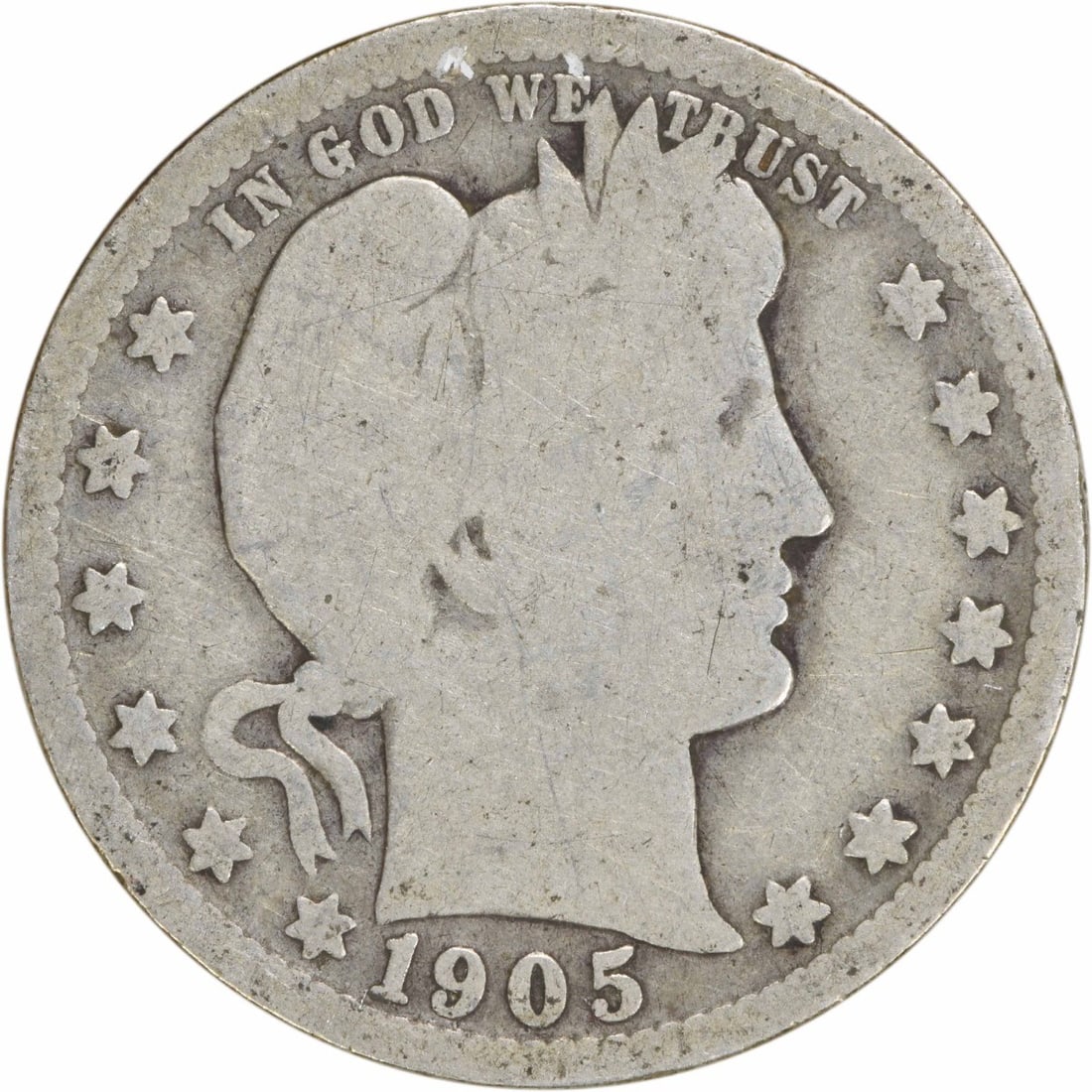 1905-O Barber Silver Quarter 25C Uncertified Circulated Coin: 1905-O Barber Silver Quarter 25C Uncertified Circulated Coin This 1905-O Barber Silver Quarter is a classic piece of American numismatics. Struck at the New Orleans Mint, this coin is composed of 90%