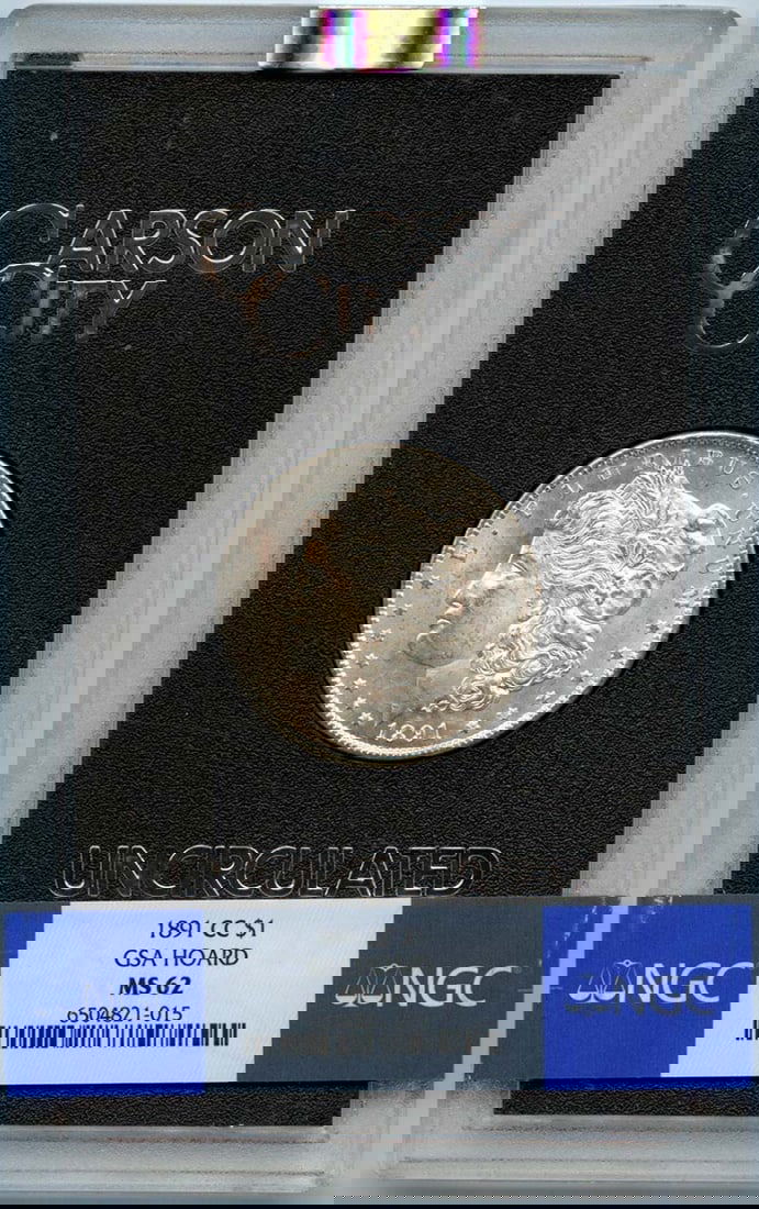 NGC MS62 GSA Hoard 1891 Carson City Morgan Silver Dollar: NGC MS62 GSA Hoard 1891 Carson City Morgan Silver Dollar This is an uncirculated 1891-CC Morgan Dollar from the GSA Hoard, certified by NGC with a grade of MS62. The coin was minted in Carson City and