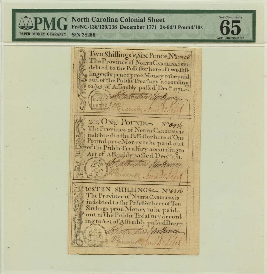 1771 North Carolina Colonial Currency Uncut PMG GEM 65 NC-136/139/138: 1771 North Carolina Colonial Currency Uncut PMG GEM 65 NC-136/139/138 This remarkable piece of Colonial Currency from North Carolina is a gem in the world of numismatics. Certified by PMG with a grade