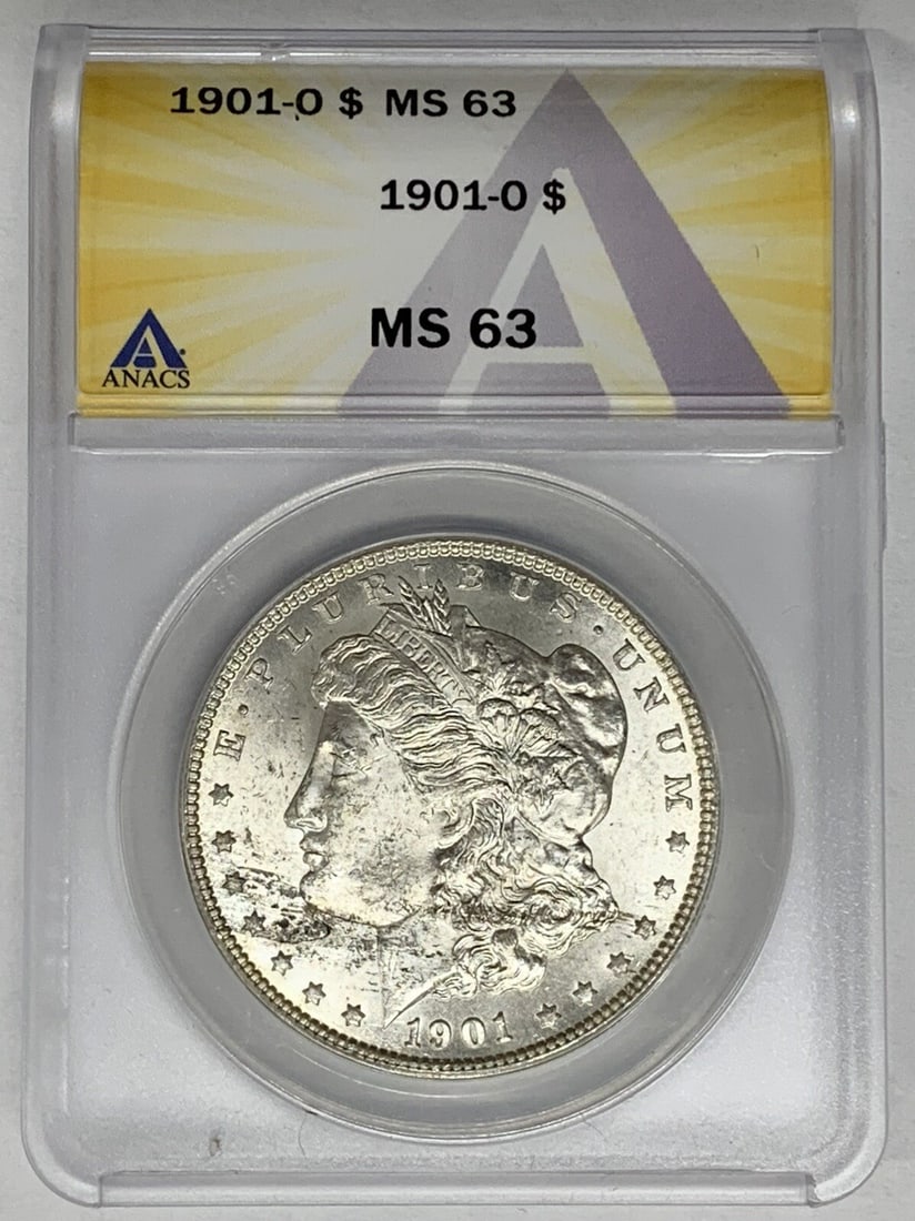 ANACS MS 63 1901-O Morgan Dollar Uncirculated Silver Coin: ANACS MS 63 1901-O Morgan Dollar Uncirculated Silver Coin This is a 1901-O Morgan Silver Dollar coin from the United States, graded MS 63 by ANACS. The coin is uncirculated and composed of silver. It